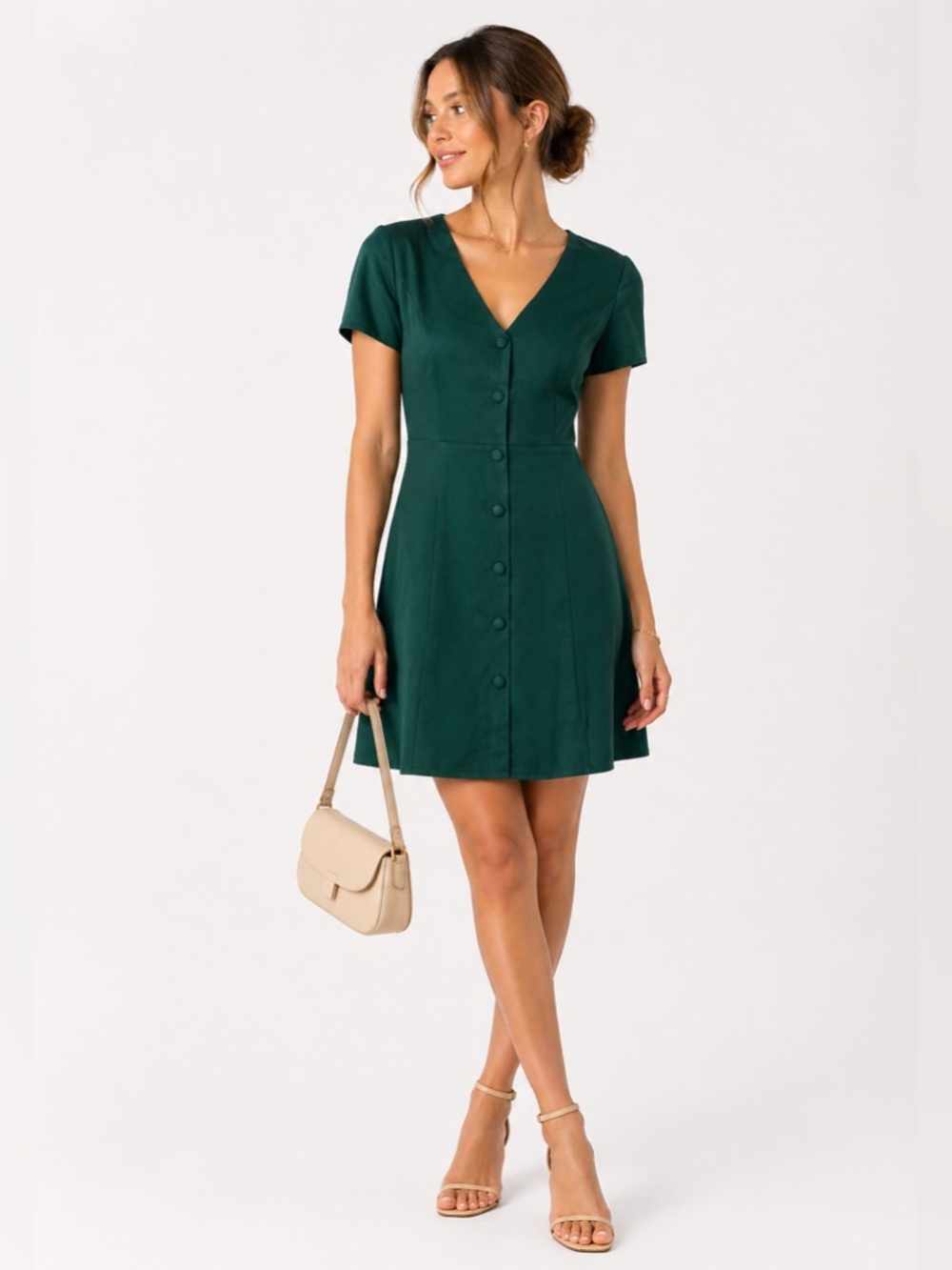 RIHOAS Women's Green Button Front V Neck Short Sleeve A Line Mini Dress‎ Size M